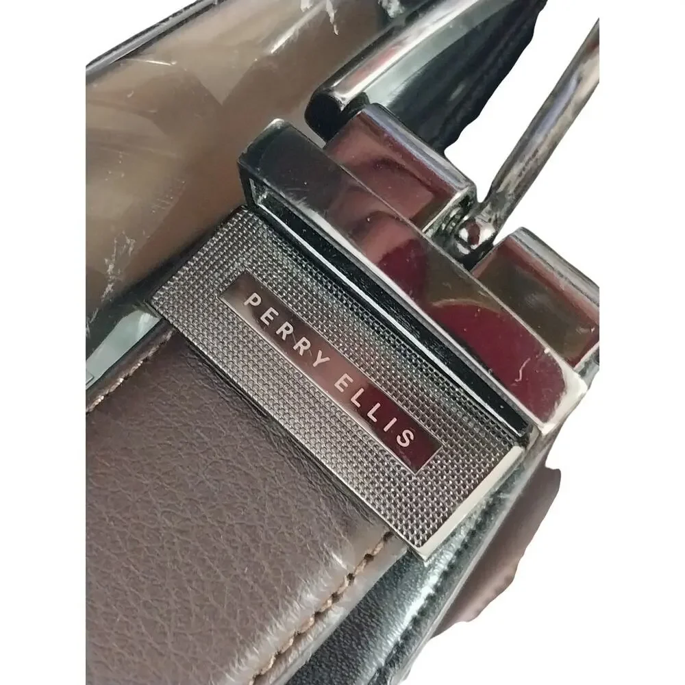 PERRY ELLIS! CHOCOLATE BROWN GENUINE LEATHER W SMOKY SILVER BUCKLE BELT! SZ 34